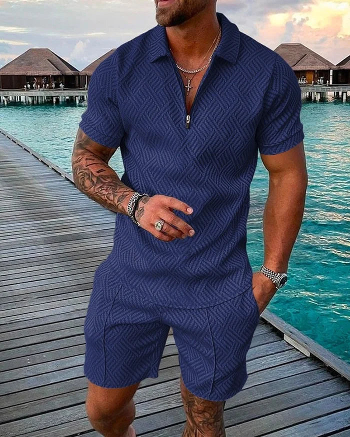 Men's Casual Blue Printed Polo Shirt Set by the Sea